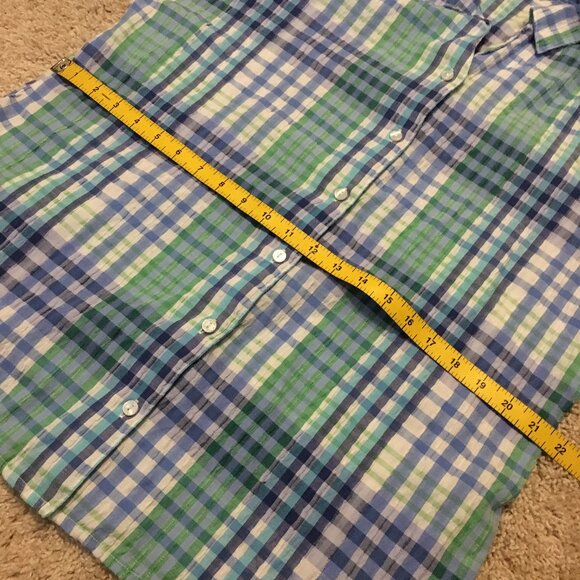 Vintage Alia Plaid Seersucker Green & Blue Picnic Button Down Shirt - Picture 12 of 16